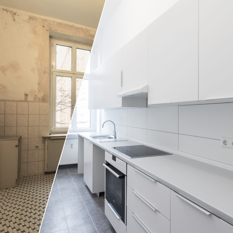 old and new kitchen after restoration - renovation concept